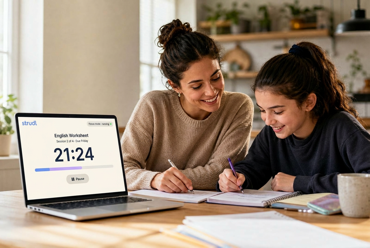 A tutor and a grade 7 student working through an English worksheet together, with the Strudl focus timer running at 21:24 on a laptop beside them.